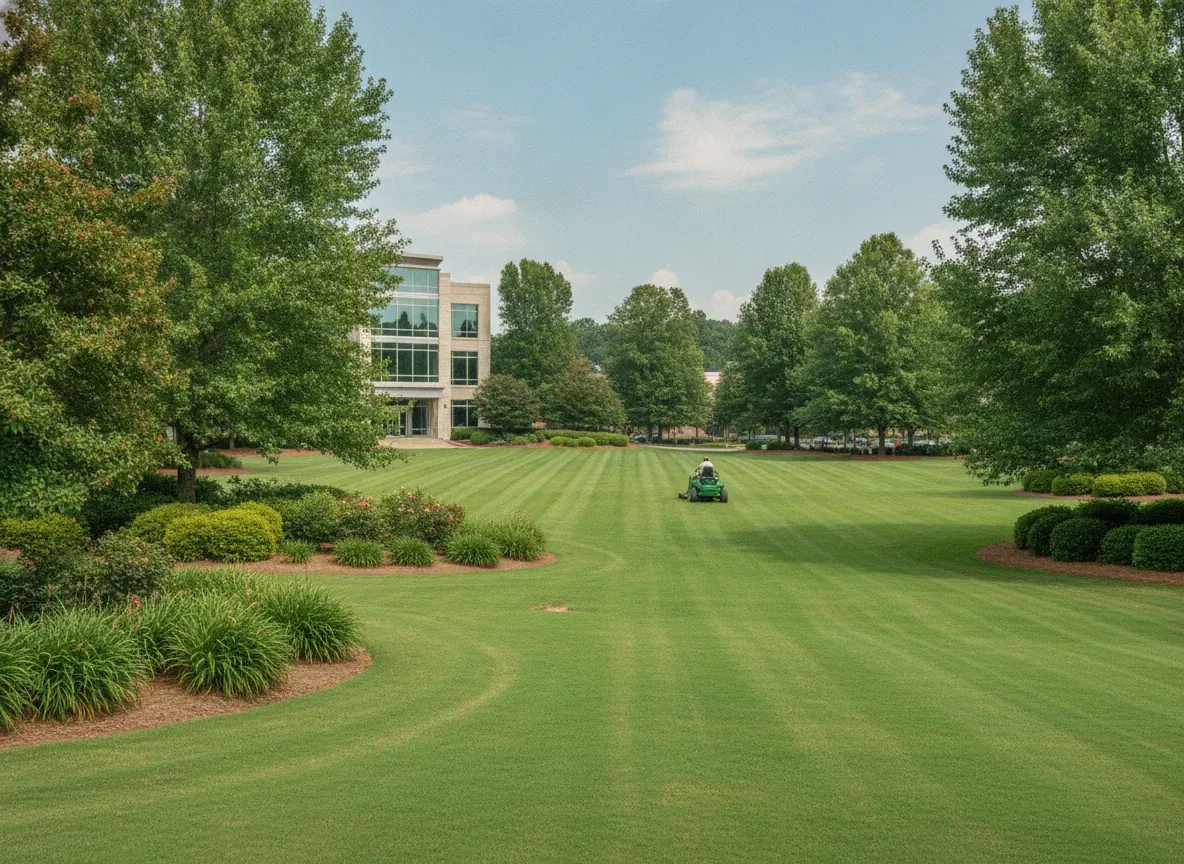 A grounds crew mowing an expansive, well-kept commercial lawn in the distance, bordered by mature trees