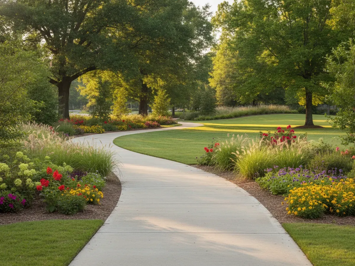 A landscaped public greenway path bordered by freshly planted beds and mature shade trees