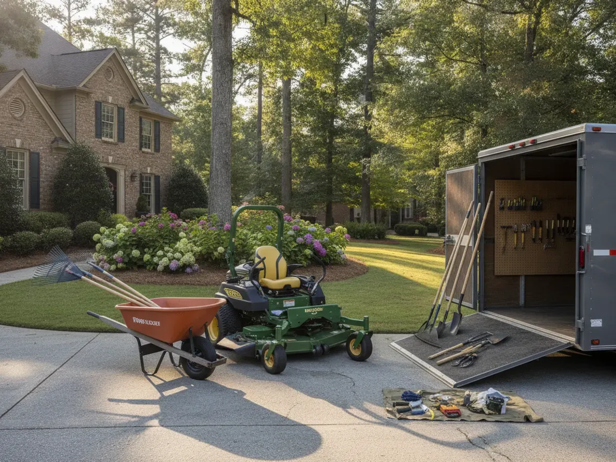 Professional landscaping equipment, a commercial mower, and hand tools staged on a residential driveway on a work day