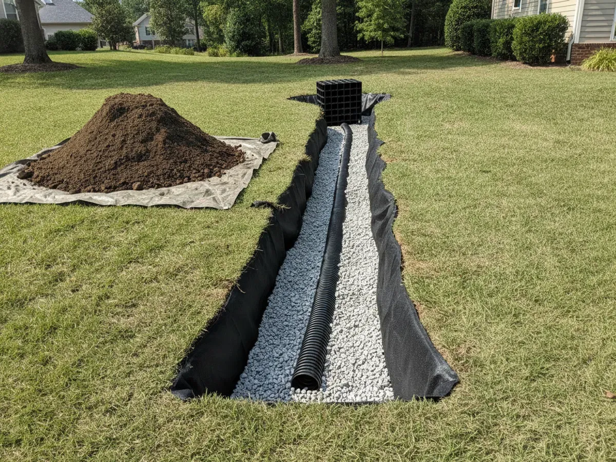 An open drainage trench lined with fabric and filled with gravel around a black perforated pipe and a dry-well chamber