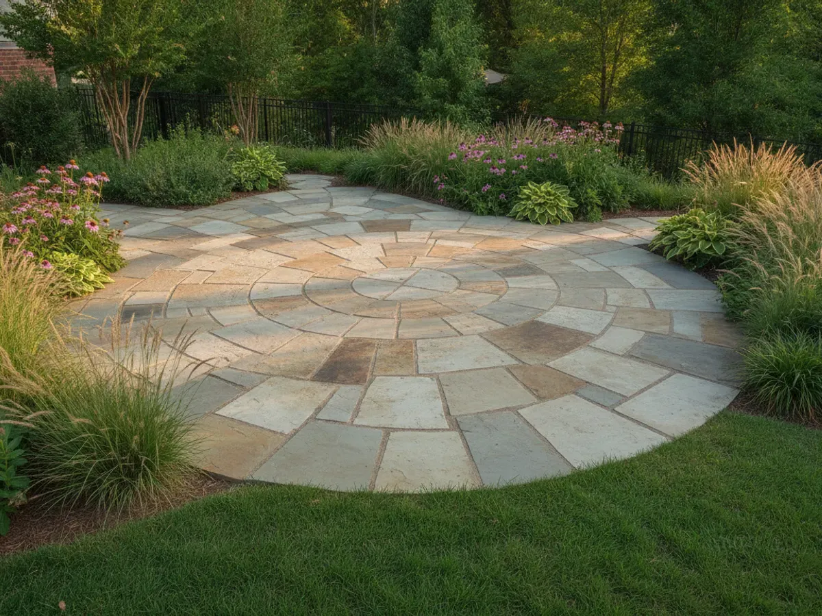 An irregular natural flagstone patio forming a generous seating area bordered by low perennials and grasses