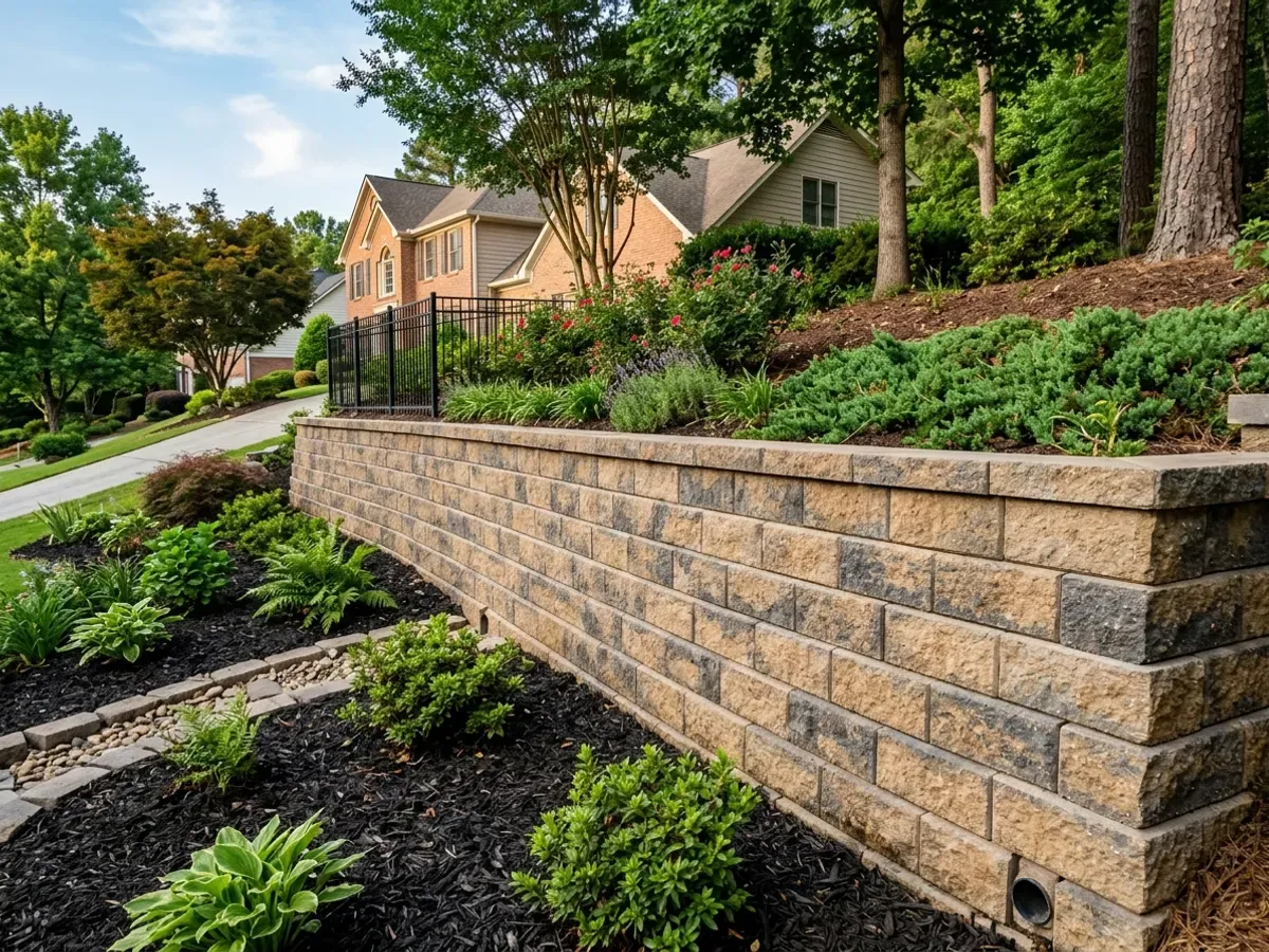 A segmental block retaining wall in tidy courses following a gentle slope, with a planted terrace above